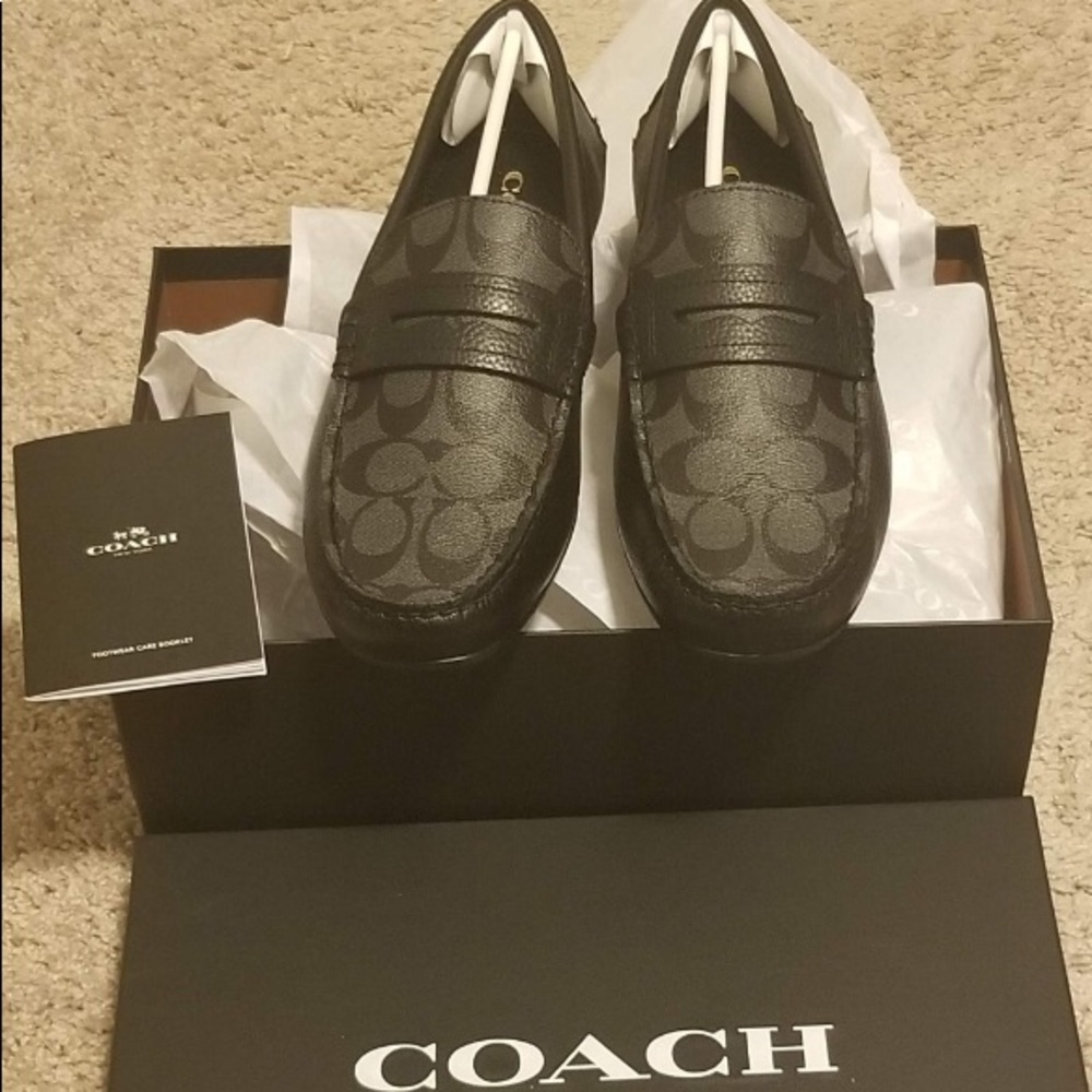 Coach Print Mens Loafer Shoes Black Leather Size10